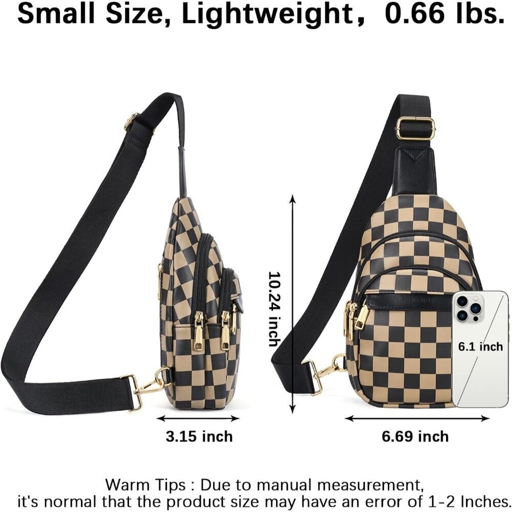 Women Checkered Coffee Imported Leather Small Crossbody Chest Sling Travel Bag - Picture 3 of 8
